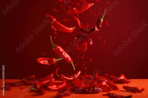 Red chili pepper falling on red background