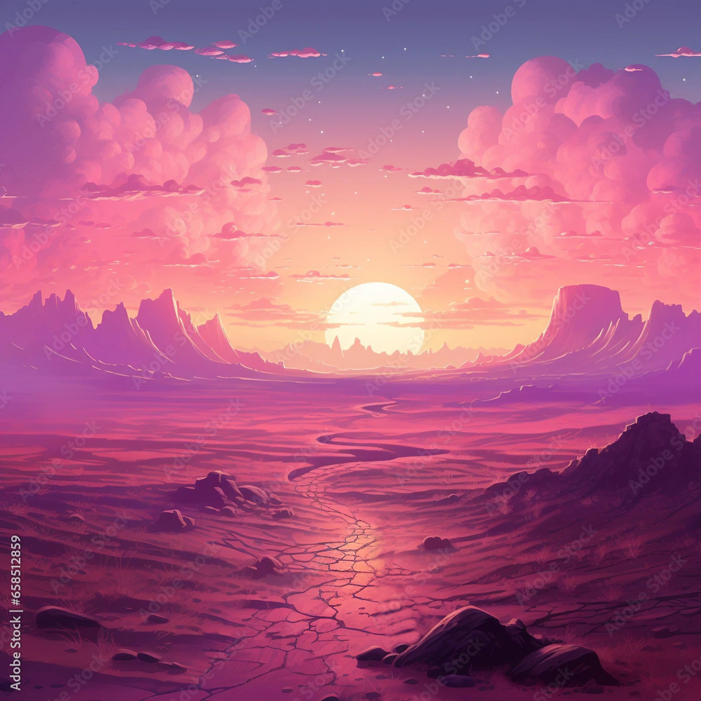 Artwork Depicting a Sunset Over a Pink Canyon Artwork Depicting a Sunset Over a Pink Canyon