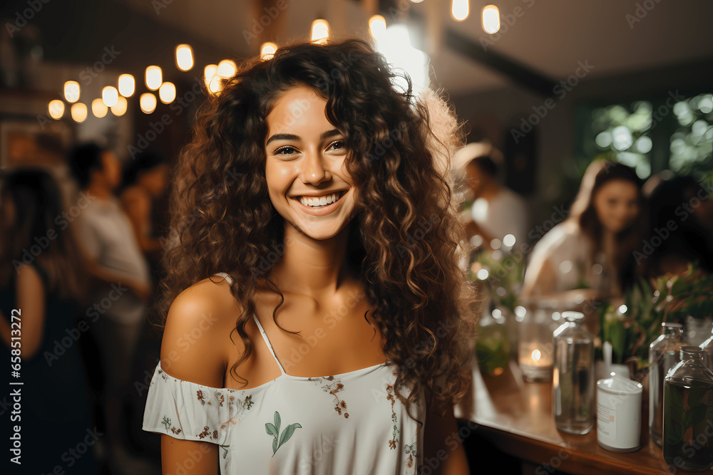 woman in bar or party, long hair