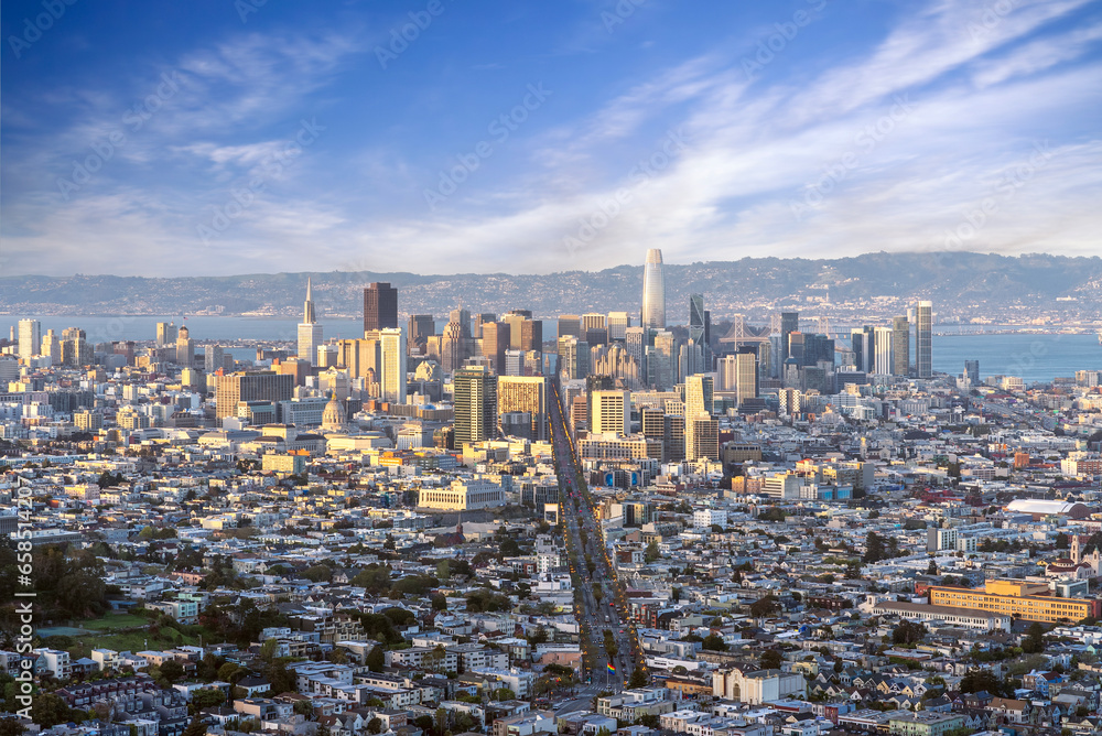 Obraz premium Aerial Panoramic Cityscape View of San Francisco Skyline