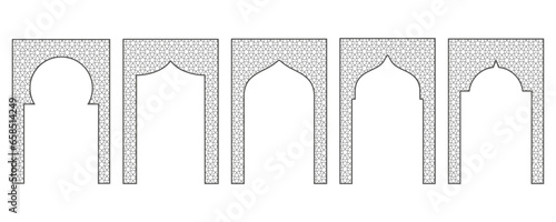 Islamic frame with arch and ornament. Ramadan gate on geometric background for wedding invitation design. Vector oriental decorations set.