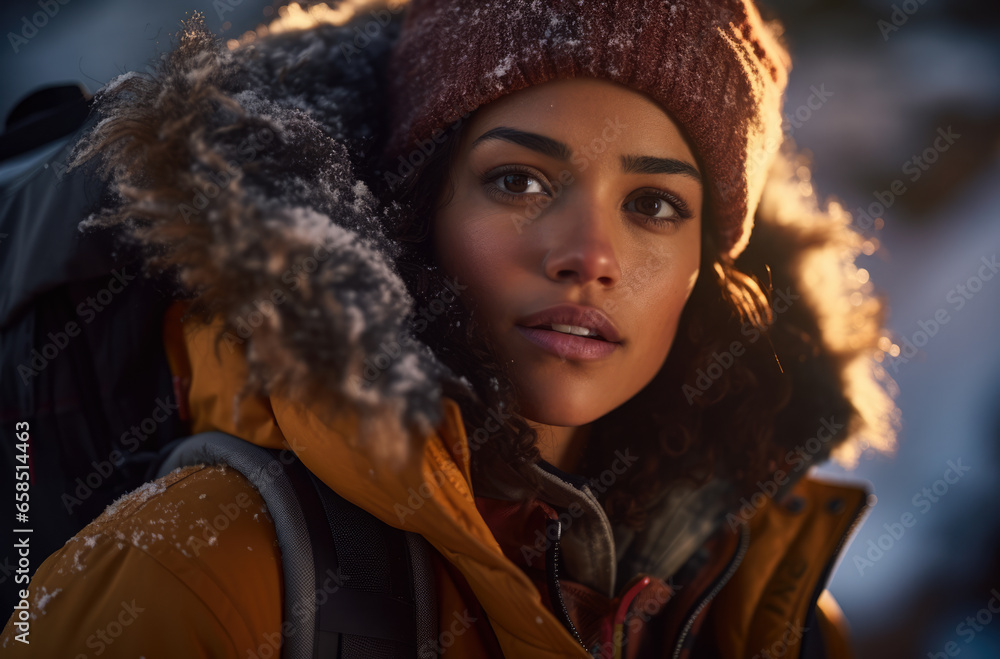 Portrait of a multiethnic woman hiker in winter Portrait of a multiethnic woman hiker in winter