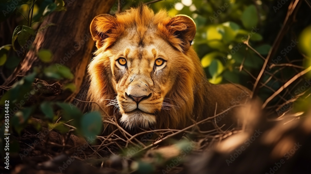 Fototapeta premium Close-up portrait of a lion in the forest
