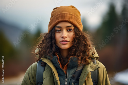 Portrait of a multiethnic woman hiker in winter