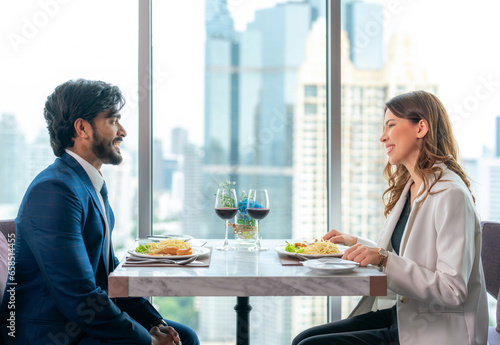 Photography Arab couple lover dating and take a linch in Italian restaurant