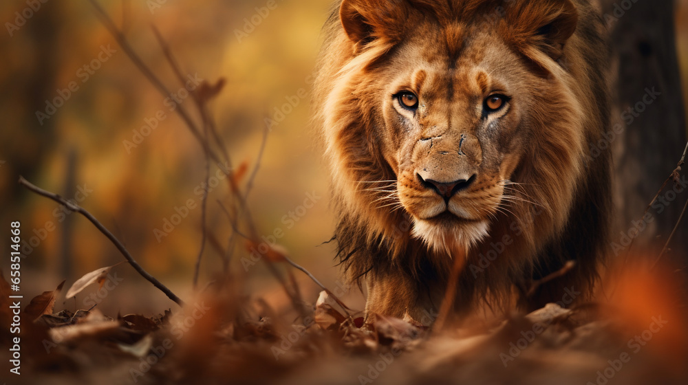Close-up portrait of a lion in the forest