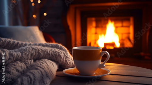 Cozy Evening by the Fireplace with a Warm Cup of Coffee