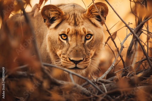 Close-up portrait of a lioness in the forest © Tessa