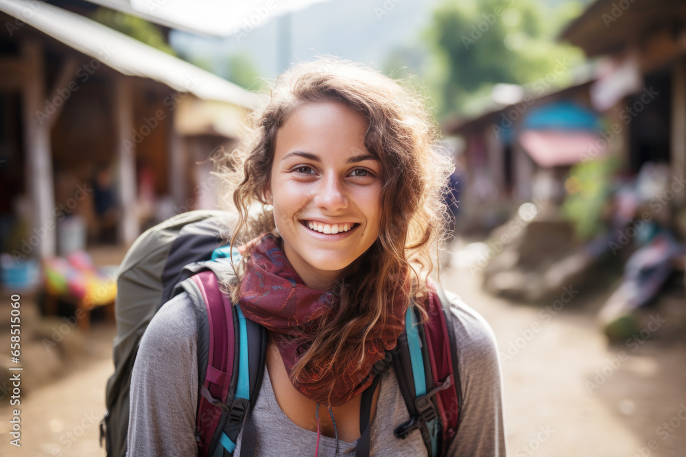 Young woman smiling in jacket and backpack walking through the village Young woman smiling in jacket and backpack walking through the village