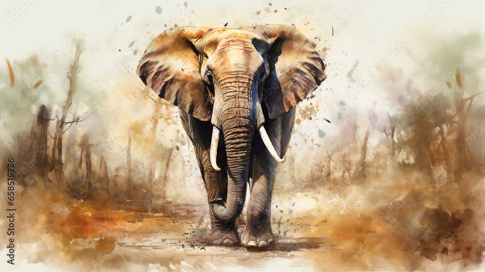 Fototapeta premium Beautiful illustration of a huge powerful elephant walking towards the camera made in watercolor style