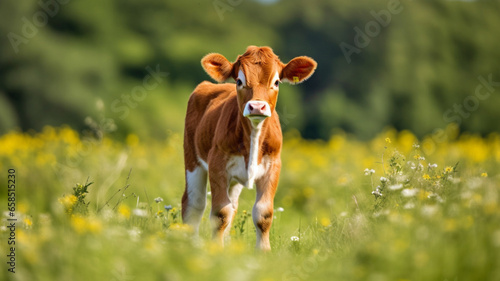 Illustration of young ginger and white cow calf standing in the middle of green field and looking into camera, rural background photo
