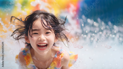 Smile girl wearing swimsuit playing water splash