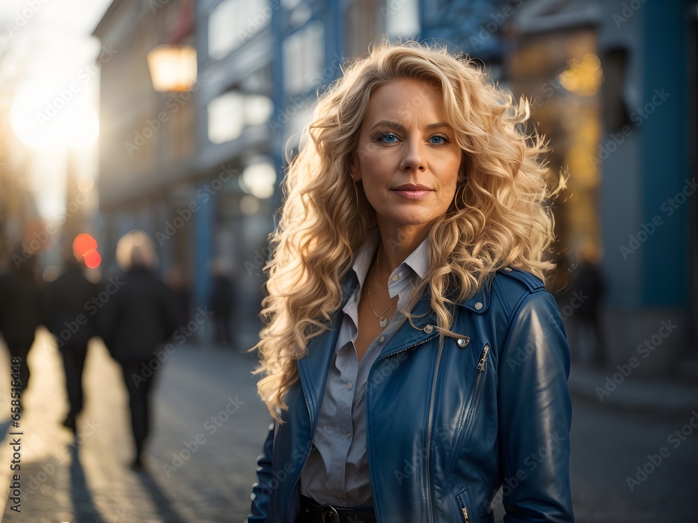 wide angle and full body portrait of attractive mature swedish female with long curly blonde hair and blue eyes, wearing blue Leather Jacket during late autumn sunset. Generative Ai. wide angle and full body portrait of attractive mature swedish female with long curly blonde hair and blue eyes, wearing blue Leather Jacket during late autumn sunset. Generative Ai.