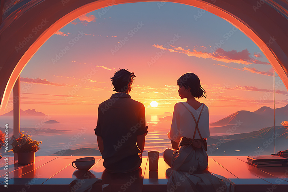 couple at sunset. (Generative AI)
