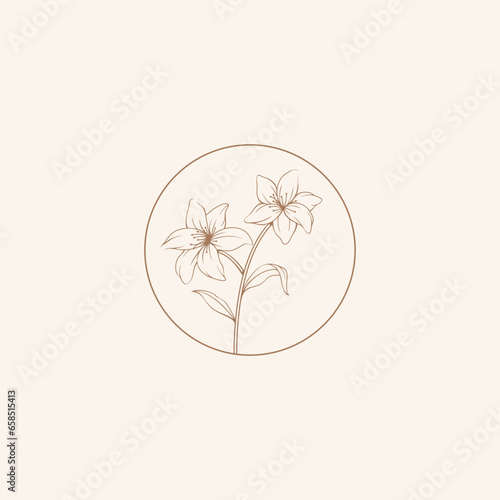 tender flower in boho linear style vector illustrations set. Bohemian emblems in lines with flowers and leaves symbol for gardering logo and cosmetics packaging