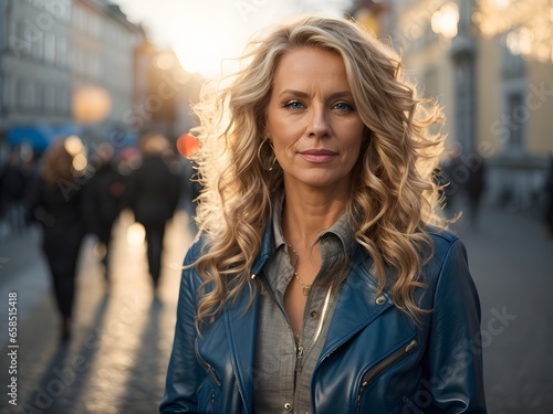 wide angle and full body portrait of attractive mature swedish female with long curly blonde hair and blue eyes, wearing blue Leather Jacket during late autumn sunset. Generative Ai.