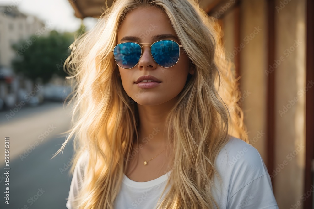 portrait of a 25-year-old American girl with long, flowing blonde hair and striking blue eyes with sunglass Wearing white t-Shirt. Generative AI. portrait of a 25-year-old American girl with long, flowing blonde hair and striking blue eyes with sunglass Wearing white t-Shirt. Generative AI.