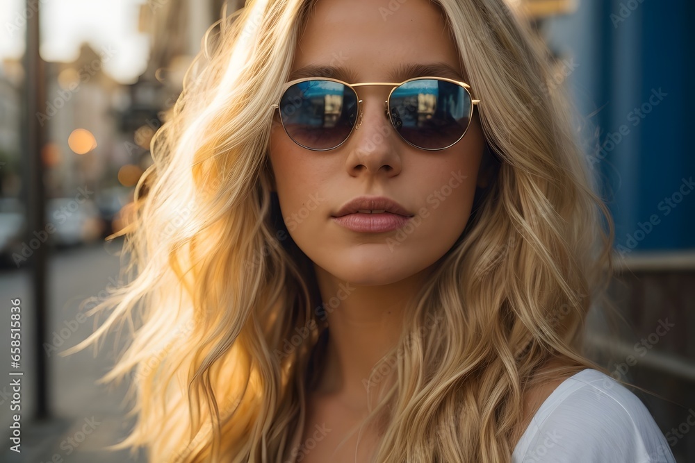 portrait of a 25-year-old American girl with long, flowing blonde hair and striking blue eyes with sunglass Wearing white t-Shirt. Generative AI. portrait of a 25-year-old American girl with long, flowing blonde hair and striking blue eyes with sunglass Wearing white t-Shirt. Generative AI.