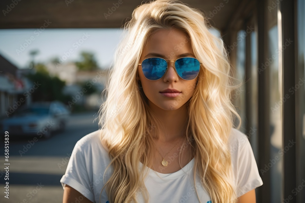 portrait of a 25-year-old American girl with long, flowing blonde hair and striking blue eyes with sunglass Wearing white t-Shirt. Generative AI.