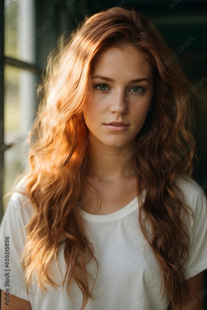 portrait of a 25-year-old American girl with long, flowing red hair and striking green eyes wearing white T-Shirt. Generative Ai. portrait of a 25-year-old American girl with long, flowing red hair and striking green eyes wearing white T-Shirt. Generative Ai.