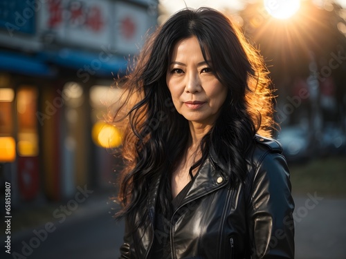 wide angle and full body portrait of attractive mature Japanese female with long curly black hair wearing black Leather Jacket during late autumn sunset. Generative Ai.