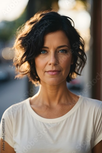 portrait of mature American girl with short flowing black hair and striking blue eyes, wearing white T-Shirt. Generative AI. © kapros76