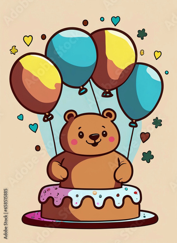 Cute Teddy Bear with birthday balloons and a birthday cake