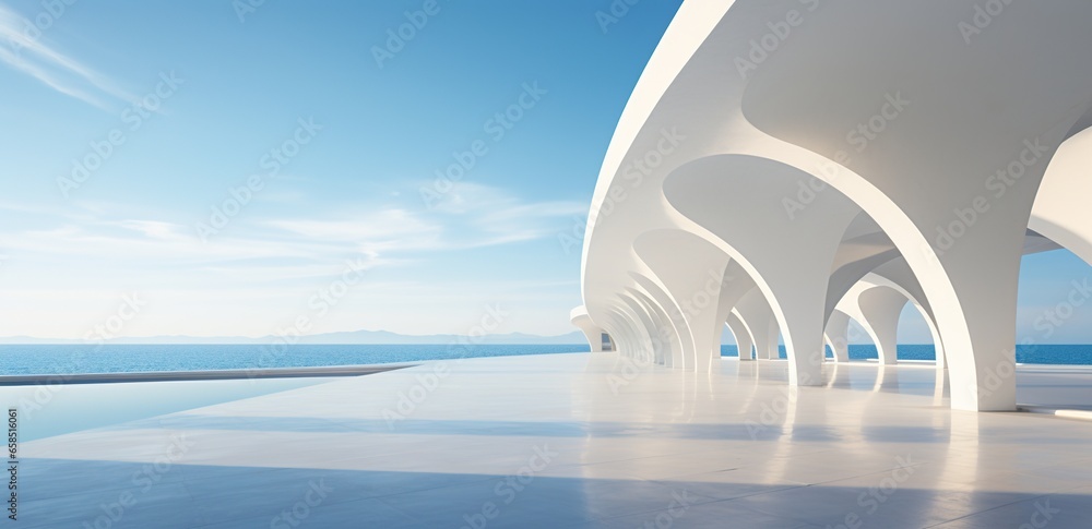 3D render of abstract futuristic architecture with empty concrete floor, product and car presentation background, copy space, Geometric structure design - obrazy, fototapety, plakaty 