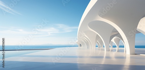 3D render of abstract futuristic architecture with empty concrete floor, product and car presentation background, copy space, Geometric structure design