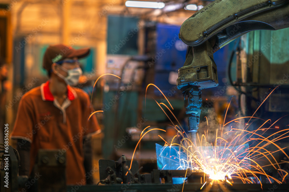 Asian worker working in old chinese factory in robot auto welding machine section