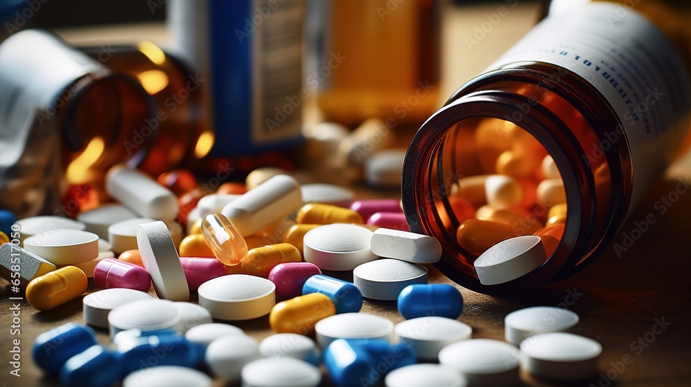 Close-Up of Prescription Bottles and Pills on Table Close-Up of Prescription Bottles and Pills on Table