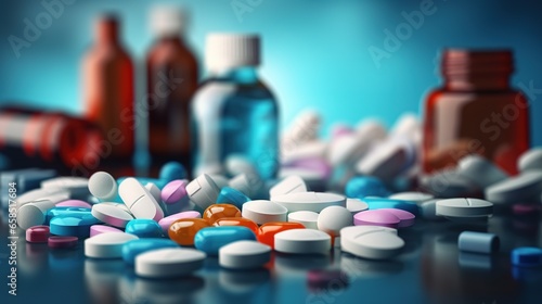 Close-Up of Prescription Bottles and Pills on Table photo