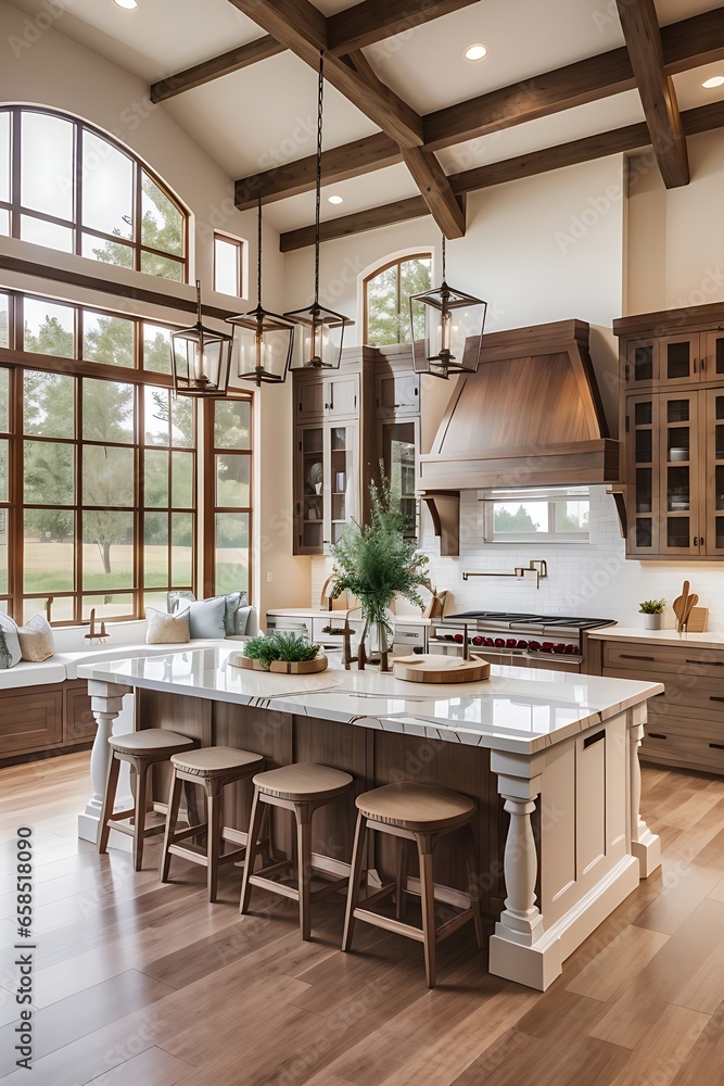 Traditional kitchen in beautiful new luxury home with hardwood floors, wood beams, and large island quartz counters. Includes farmhouse sink, elegant pendant lights, and large windows, table