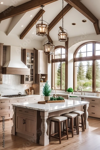 Traditional kitchen in beautiful new luxury home with hardwood floors, wood beams, and large island quartz counters. Includes farmhouse sink, elegant pendant lights, and large windows, luxury