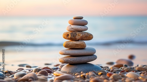 Stacked Pebbles on Sand, Gentle Waves Nearby