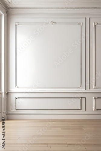 White wall with classic style mouldings and wooden floor, empty room interior. architecture