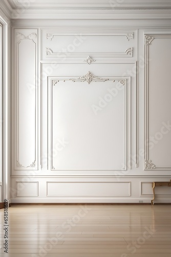 Wallpaper Mural White wall with classic style mouldings and wooden floor, empty room interior. wall Torontodigital.ca