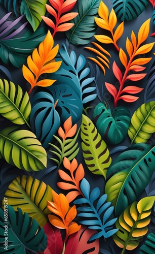 wallpaper pattern with colorful tropical leaves. 3d interior mural painting wall art decor wallpaper. Leaf pattern nature plant with bright color flowers illustration background. Generative AI © Pixel Paradise