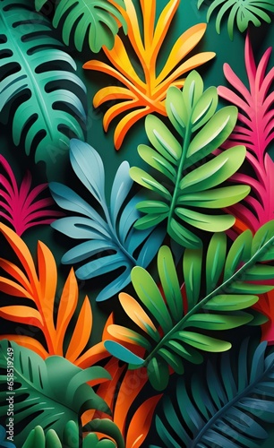 wallpaper pattern with colorful tropical leaves. 3d interior mural painting wall art decor wallpaper. Leaf pattern nature plant  with bright color flowers illustration background. Generative AI 