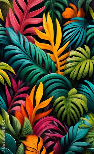 wallpaper pattern with colorful tropical leaves. 3d interior mural painting wall art decor wallpaper. Leaf pattern nature plant with bright color flowers illustration background. Generative AI 