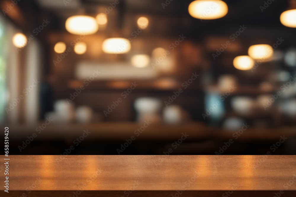 Wooden table and blur cafe background