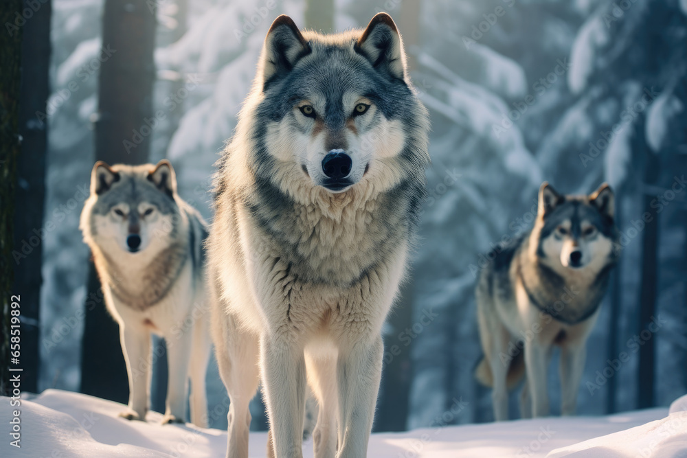 Pack of wolves in winter forest
