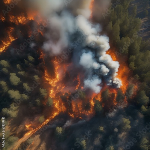 A satellite image of a wildfire raging through a forest, emitting plumes of smoke and ash3