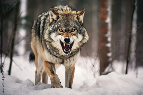 Portrait of an angry wolf in a winter forest