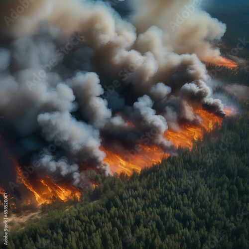 A satellite image of a wildfire raging through a forest, emitting plumes of smoke and ash2