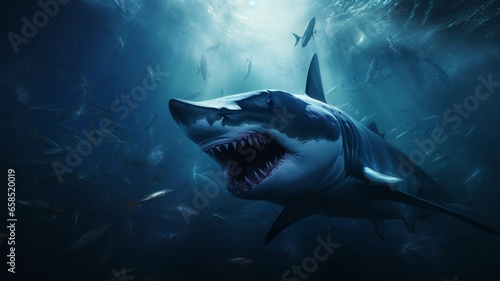 Shark Attack clear ocean waters sort lighting photo Ai generated art