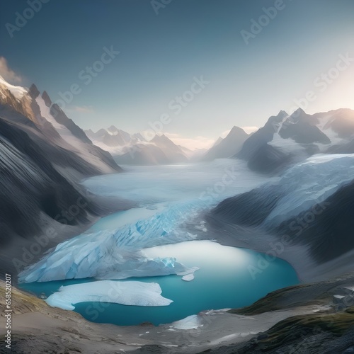 A panoramic view of a pristine glacier landscape with icy peaks and glacial lakes3