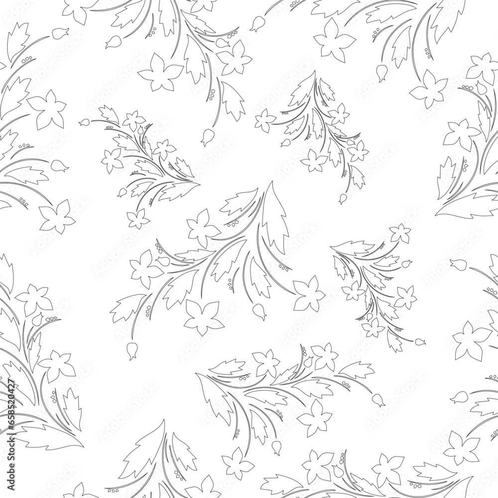 Fototapeta premium hand drawn botanical seamless pattern black outline vector background pattern