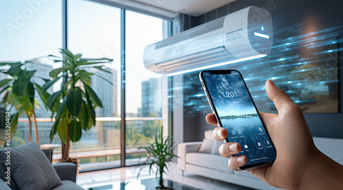 person using phone to control smart air conditioning  photo