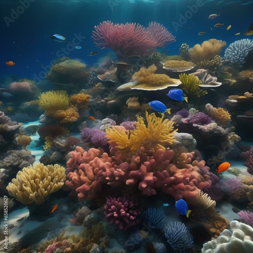 A computer-generated visualization of a thriving coral reef teeming with marine life1